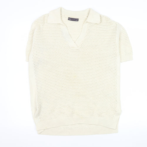 Marks and Spencer Men's Ivory Cotton V-Neck Short Sleeve Knit Jumper M