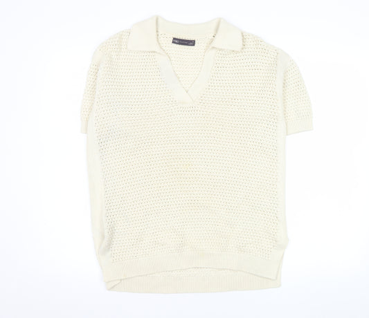 Marks and Spencer Men's Ivory Cotton V-Neck Short Sleeve Knit Jumper M