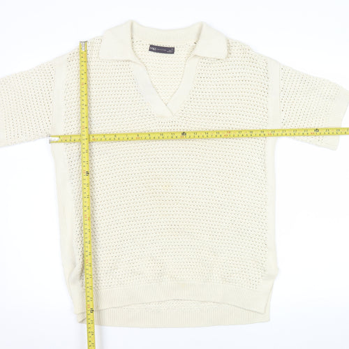 Marks and Spencer Men's Ivory Cotton V-Neck Short Sleeve Knit Jumper M