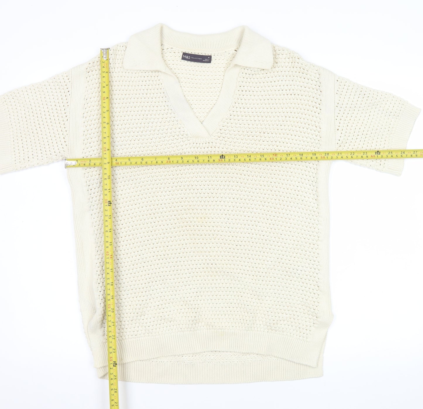 Marks and Spencer Men's Ivory Cotton V-Neck Short Sleeve Knit Jumper M