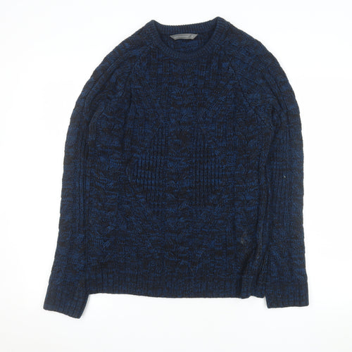 Cedar Wood State Men's Blue Cable Knit Crew Neck Jumper Size S