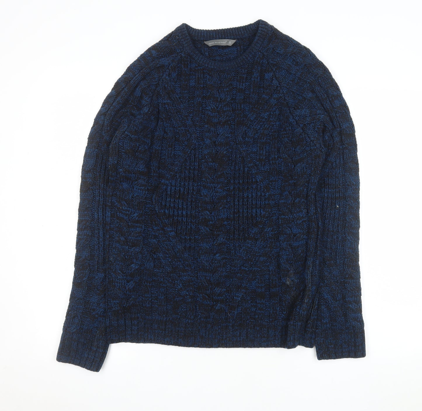Cedar Wood State Men's Blue Cable Knit Crew Neck Jumper Size S