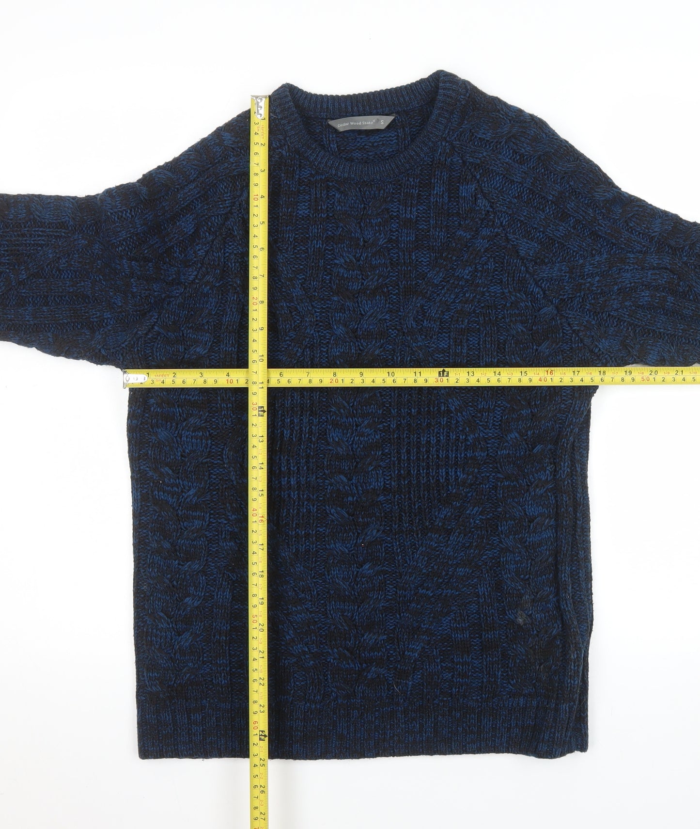 Cedar Wood State Men's Blue Cable Knit Crew Neck Jumper Size S