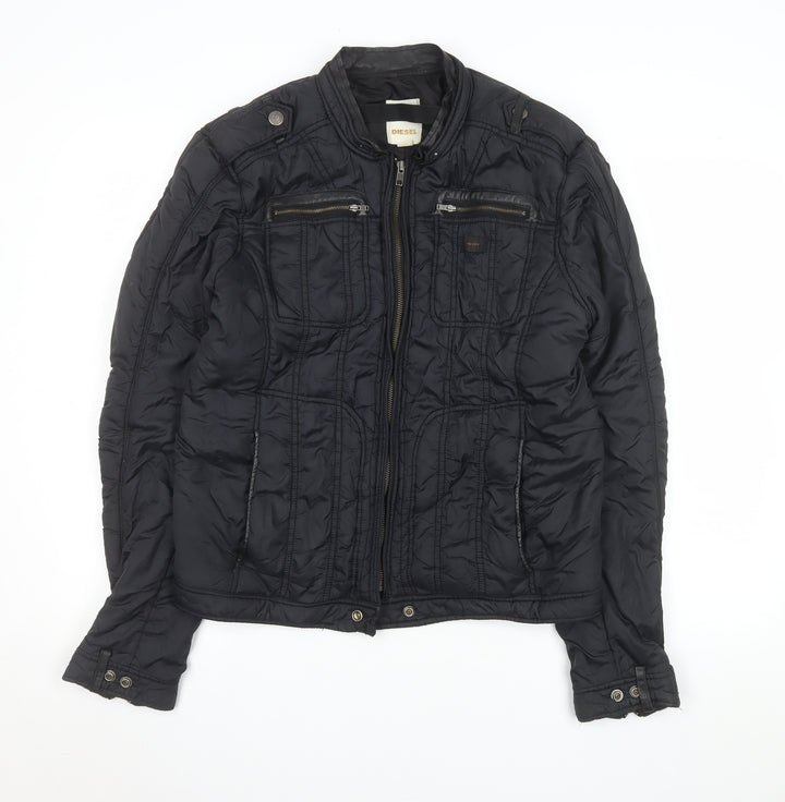 Diesel Womens Black Biker Jacket L Nylon Full Zip Casual Style