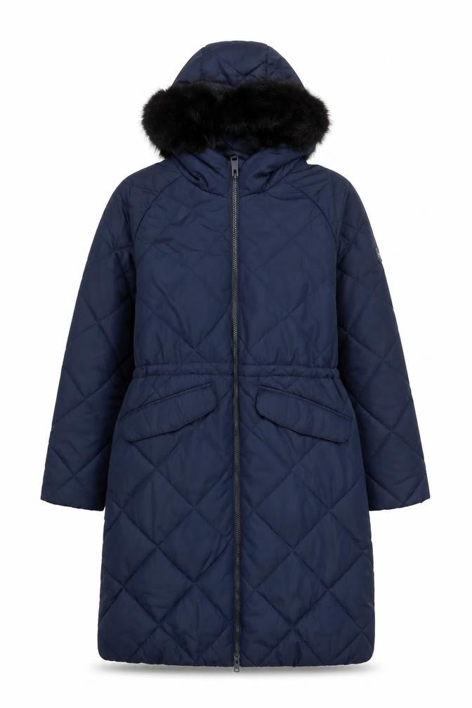 Front view of Regatta women’s blue quilted long puffer coat uk 8 hooded winter jacket