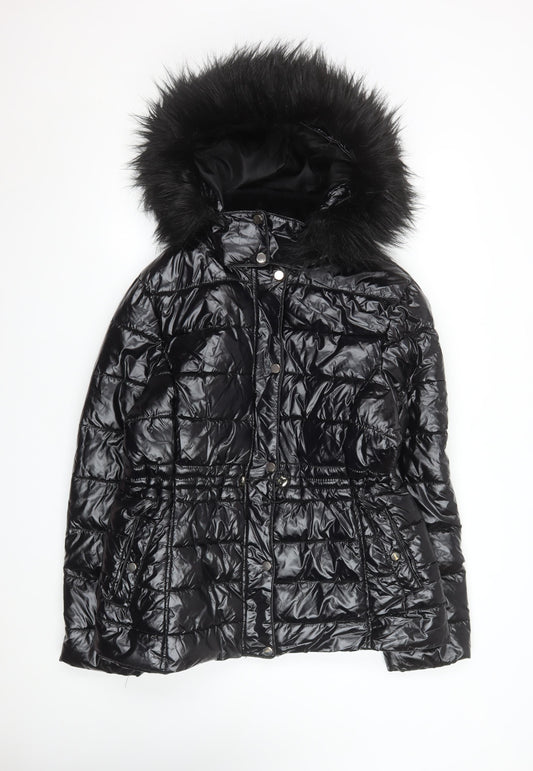 New Look Women Black Mid-Length Puffer Jacket Size 18 Hooded Fur Trim