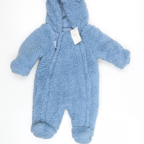 Marks and Spencer Blue Fleece Hooded Babygrow 0-3 Months Unisex
