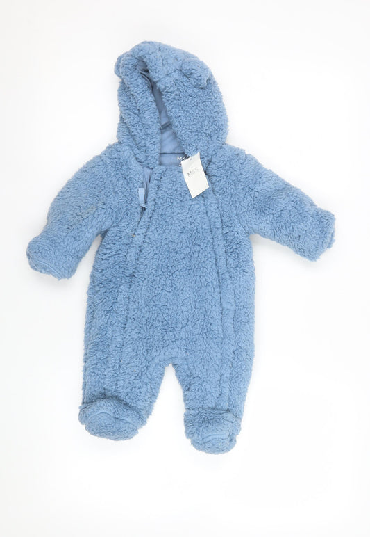 Marks and Spencer Blue Fleece Hooded Babygrow 0-3 Months Unisex