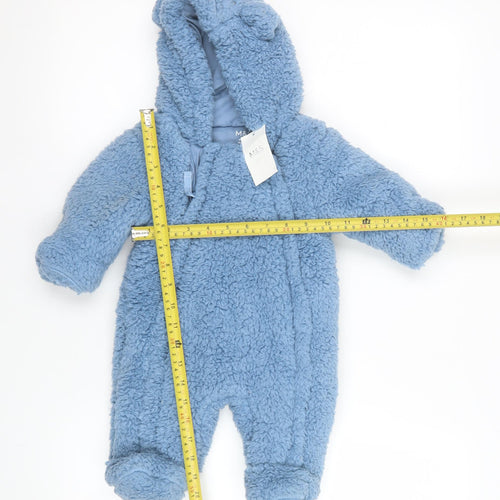 Marks and Spencer Blue Fleece Hooded Babygrow 0-3 Months Unisex