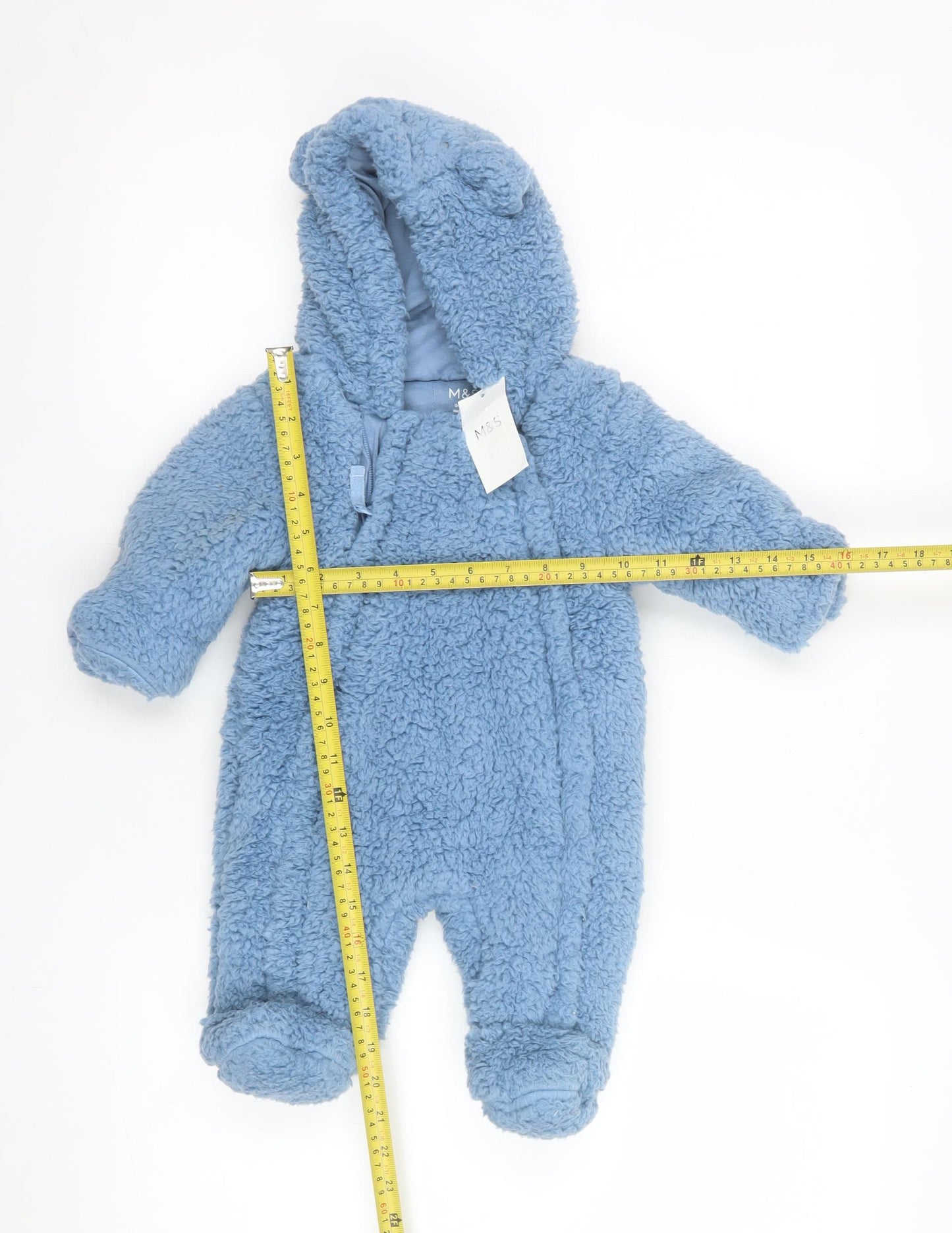 Marks and Spencer Blue Fleece Hooded Babygrow 0-3 Months Unisex
