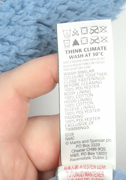 Marks and Spencer Blue Fleece Hooded Babygrow 0-3 Months Unisex