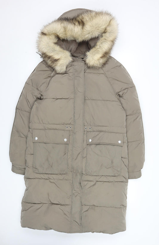 Marks and Spencer Women’s Brown Long Puffer Coat Size 10 Hooded Winter Warm