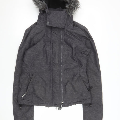 Superdry Women Grey S Puffer Jacket Hooded Fur Trim Winter Coat