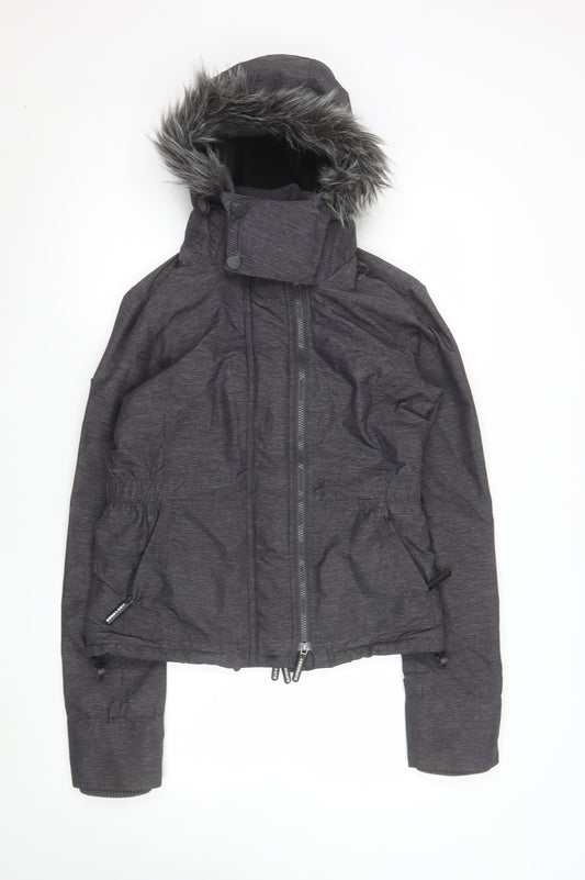 Superdry Women Grey S Puffer Jacket Hooded Fur Trim Winter Coat