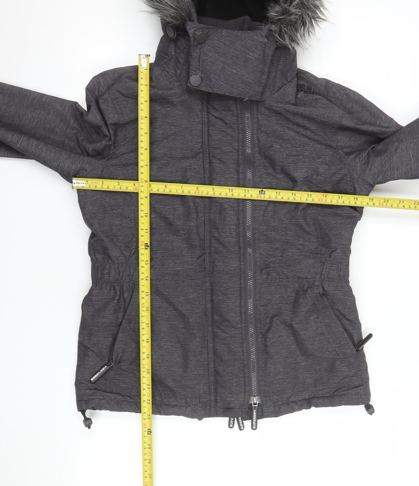 Superdry Women Grey S Puffer Jacket Hooded Fur Trim Winter Coat