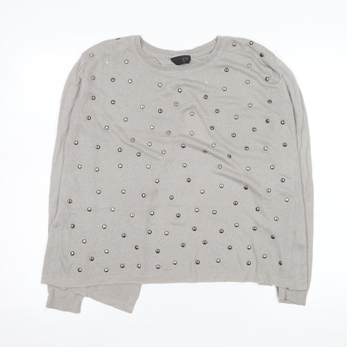 Topshop Women Grey Beaded Knit Long Sleeve Blouse UK 8