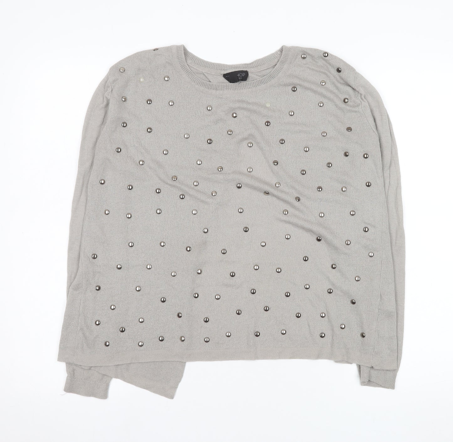 Topshop Women Grey Beaded Knit Long Sleeve Blouse UK 8