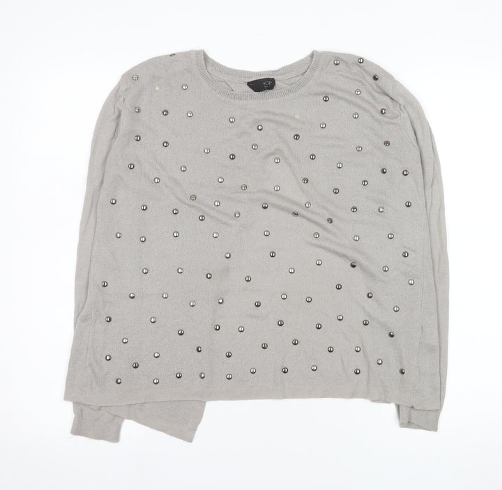 Topshop Women Grey Beaded Knit Long Sleeve Blouse UK 8