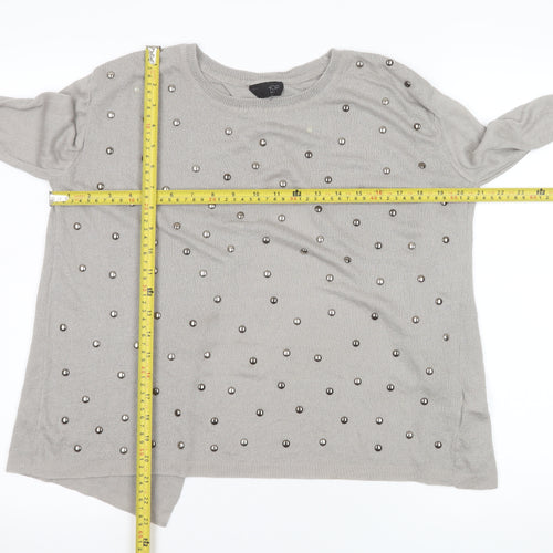 Topshop Women Grey Beaded Knit Long Sleeve Blouse UK 8
