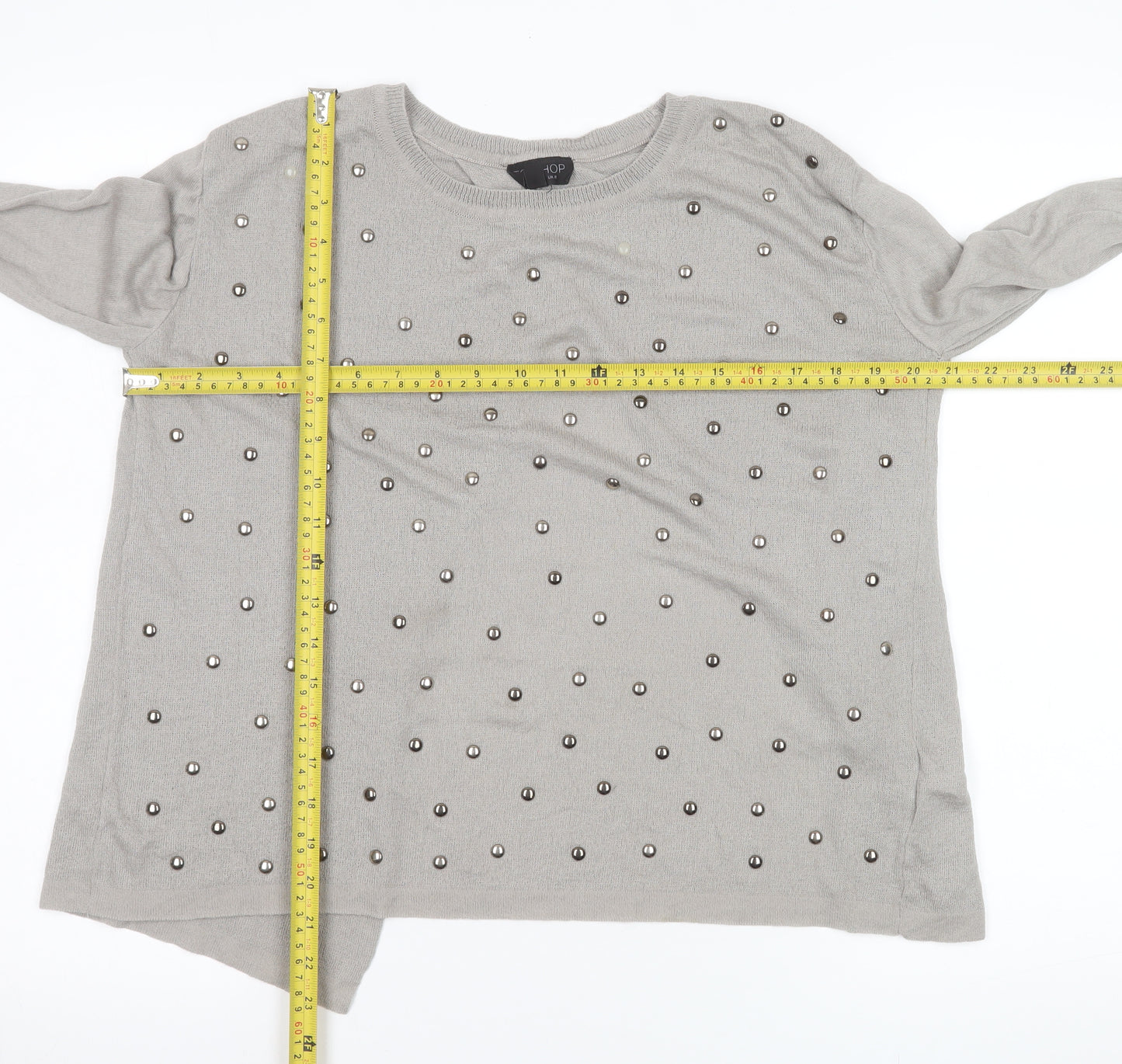 Topshop Women Grey Beaded Knit Long Sleeve Blouse UK 8