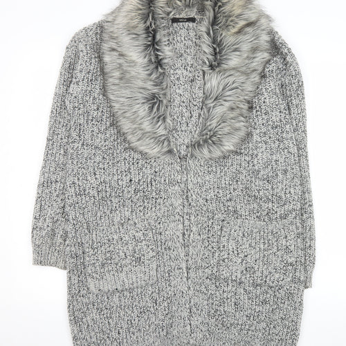George Women’s Grey Faux Fur Trim Chunky Knit Longline Cardigan Size 16