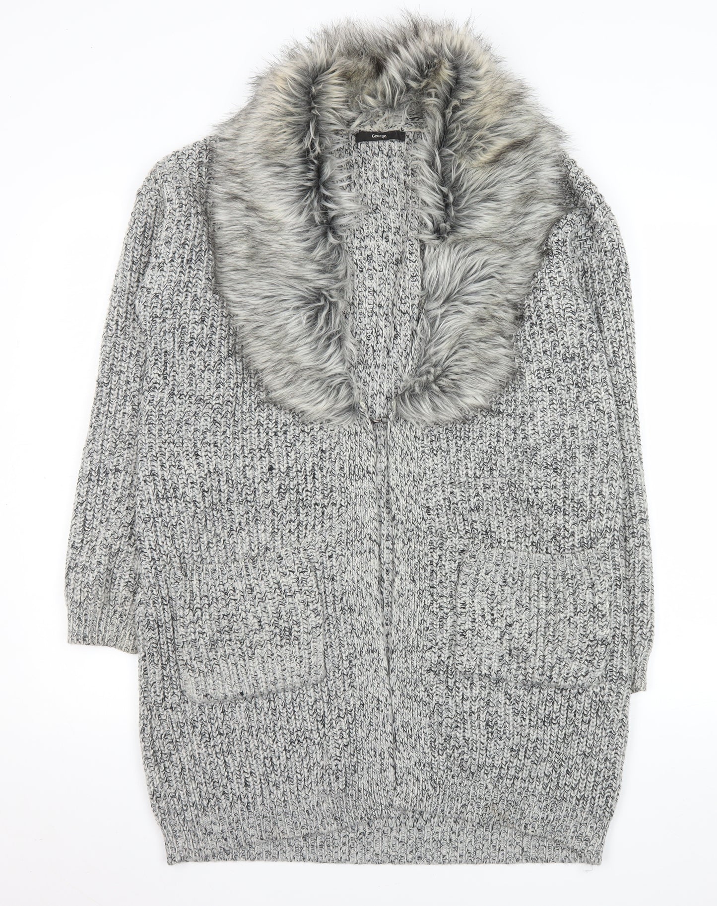 George Women’s Grey Faux Fur Trim Chunky Knit Longline Cardigan Size 16