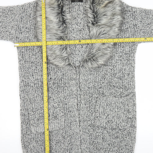 George Women’s Grey Faux Fur Trim Chunky Knit Longline Cardigan Size 16