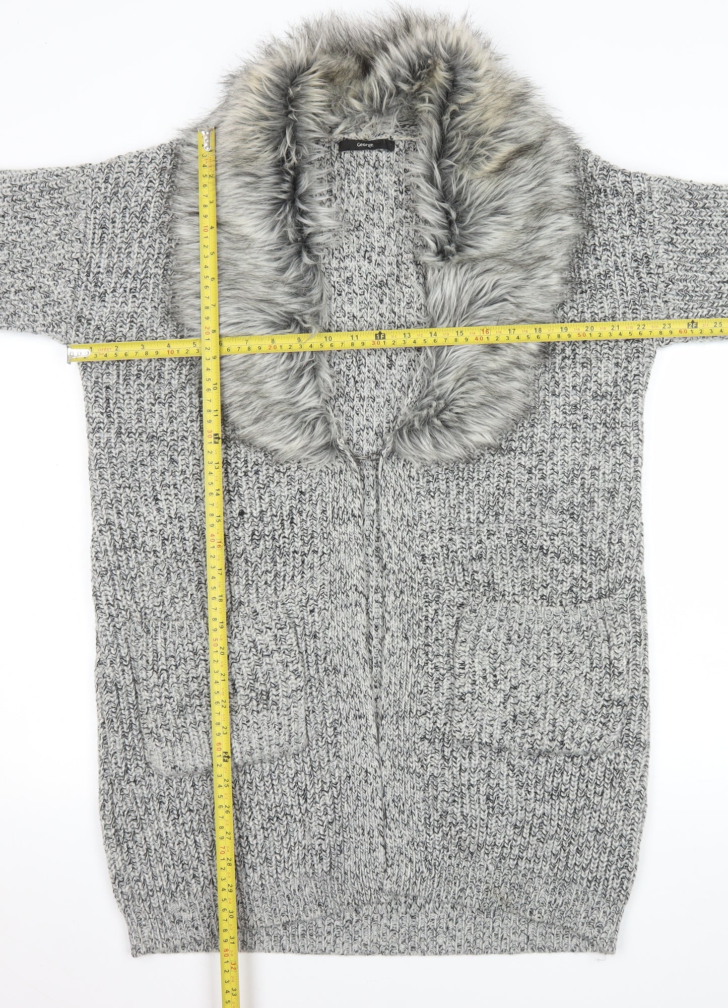 George Women’s Grey Faux Fur Trim Chunky Knit Longline Cardigan Size 16