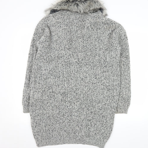 George Women’s Grey Faux Fur Trim Chunky Knit Longline Cardigan Size 16