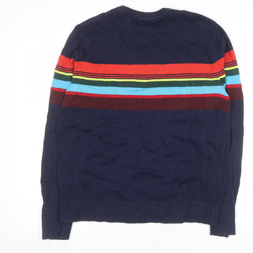 GAP Men's Blue Multi Stripe Cotton Crew Neck Jumper Size M