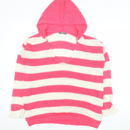 South Women's Pink Striped Hooded V-Neck Knit Jumper Size 14