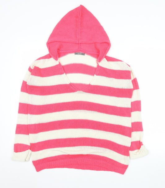 South Women's Pink Striped Hooded V-Neck Knit Jumper Size 14