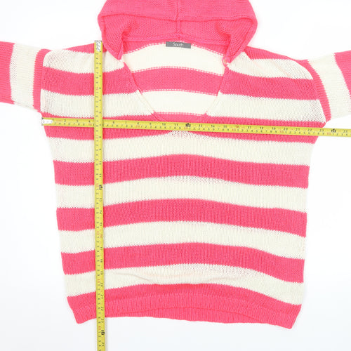 South Women's Pink Striped Hooded V-Neck Knit Jumper Size 14