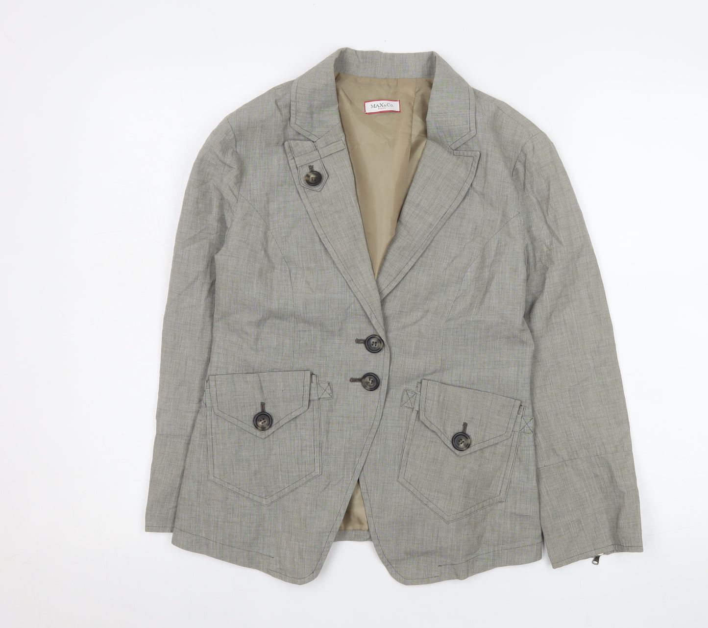 Max&Co Women Grey Linen Cotton Single Breasted Blazer Jacket Size 12