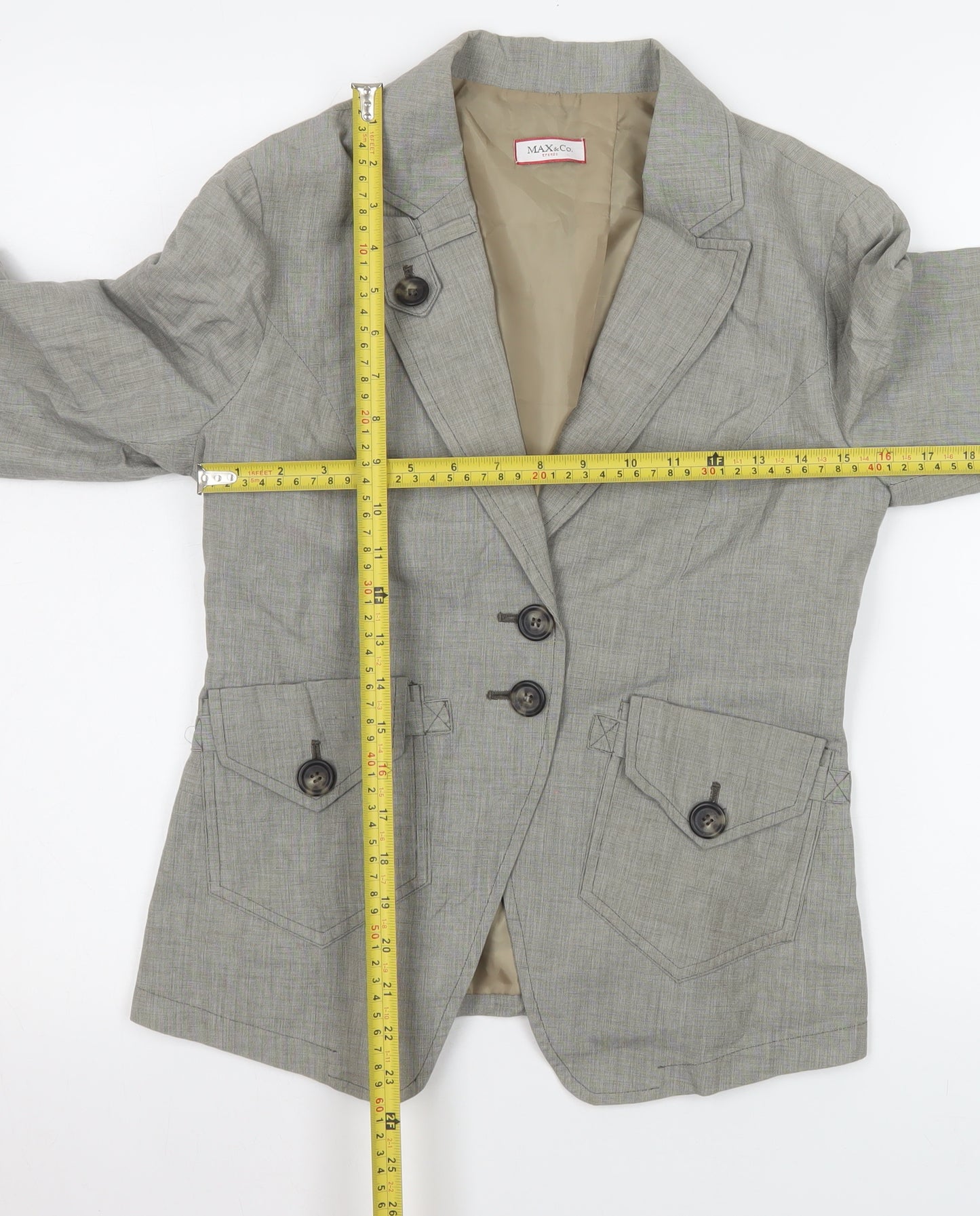 Max&Co Women Grey Linen Cotton Single Breasted Blazer Jacket Size 12