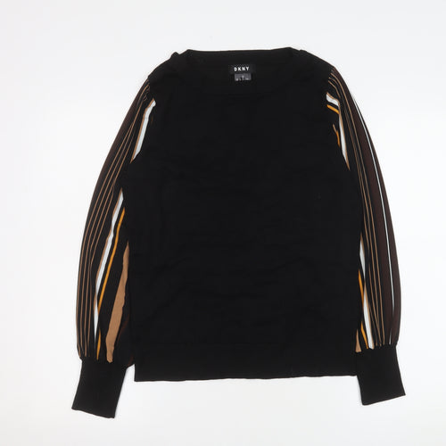 DKNY Womens Black S Crew Neck Pullover Jumper with Striped Sleeves