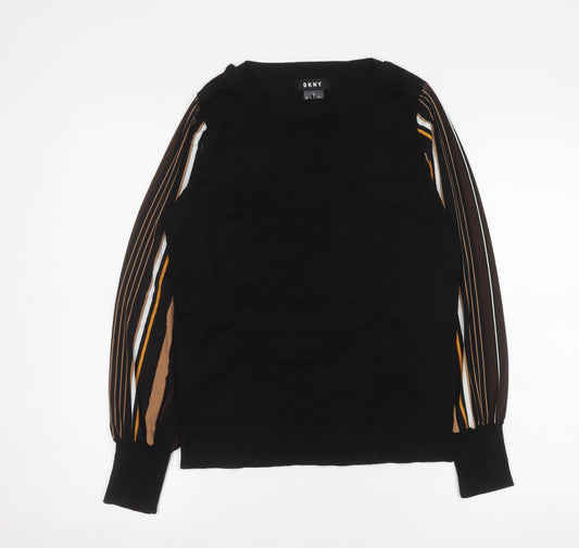 DKNY Womens Black S Crew Neck Pullover Jumper with Striped Sleeves