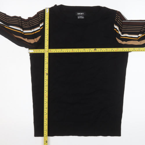 DKNY Womens Black S Crew Neck Pullover Jumper with Striped Sleeves