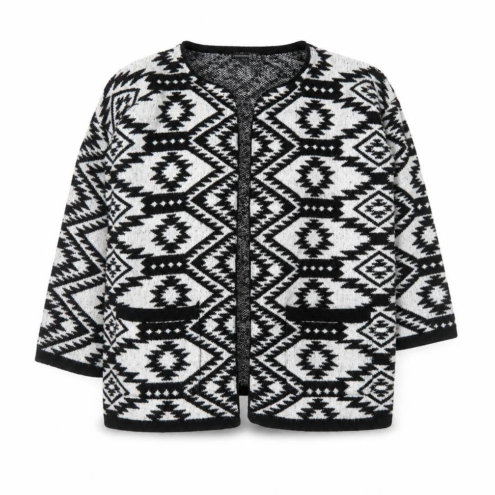 Front view of Atmosphere Women’s Black Aztec Knit Open Cardigan, size S
