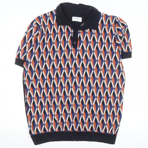 EASY Men's Blue Orange Diamond Knit Polo Shirt Size M 100% Cotton