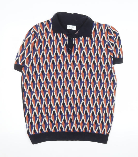 EASY Men's Blue Orange Diamond Knit Polo Shirt Size M 100% Cotton
