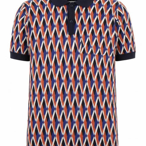 EASY Men's Blue Orange Diamond Knit Polo Shirt Size M 100% Cotton
