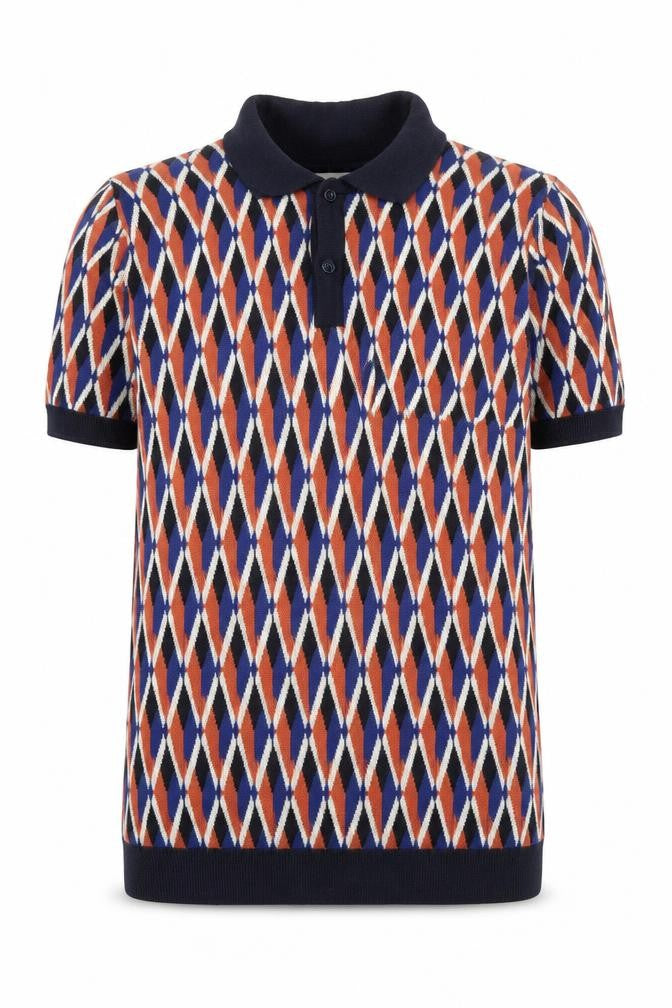 EASY Men's Blue Orange Diamond Knit Polo Shirt Size M 100% Cotton