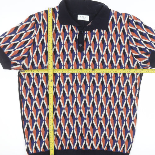 EASY Men's Blue Orange Diamond Knit Polo Shirt Size M 100% Cotton