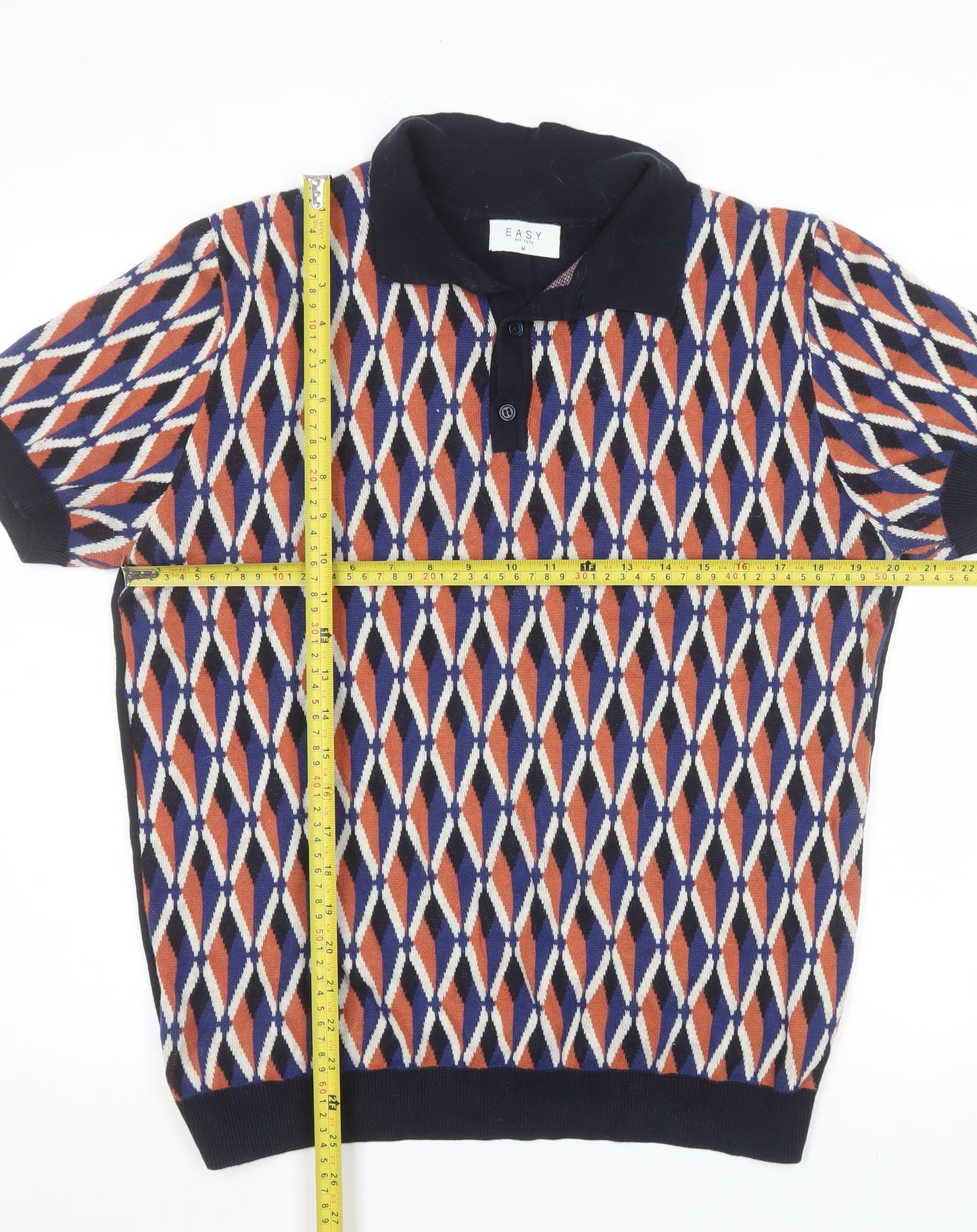 EASY Men's Blue Orange Diamond Knit Polo Shirt Size M 100% Cotton