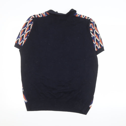 EASY Men's Blue Orange Diamond Knit Polo Shirt Size M 100% Cotton