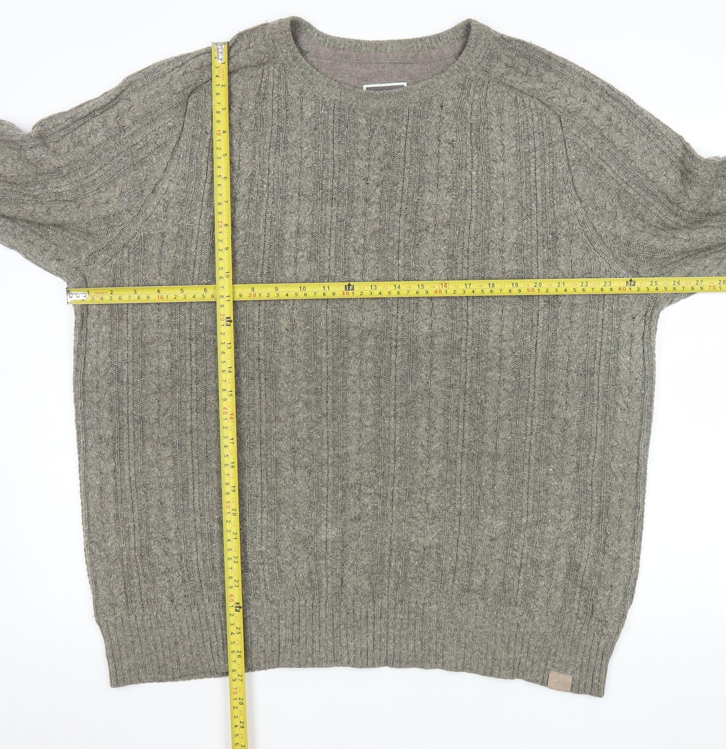 FatFace Mens Grey Cable-Knit Cotton Wool Jumper Size L