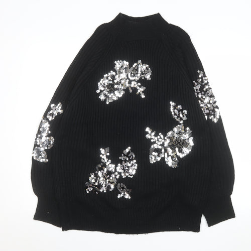 Next Women Black Sequin Floral Mock Neck Ribbed Jumper Size 12