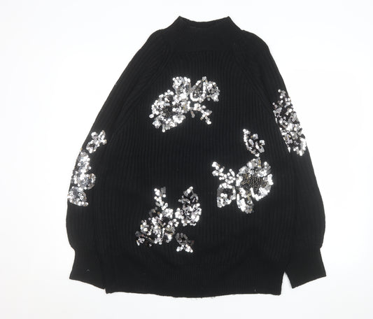 Next Women Black Sequin Floral Mock Neck Ribbed Jumper Size 12