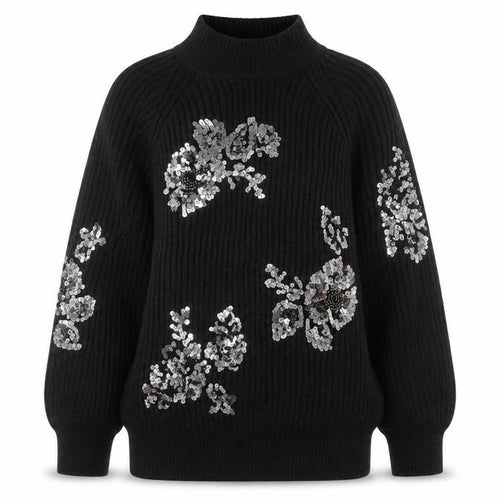 Next Women Black Sequin Floral Mock Neck Ribbed Jumper Size 12